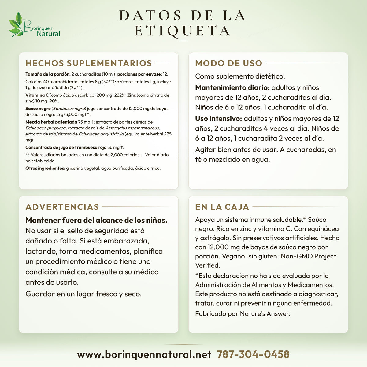 Datos de la etiqueta del Sambucus Immune de Nature's Answer: hechos suplementarios, otros ingredientes, modo de uso, advertencias y lo que dice la caja