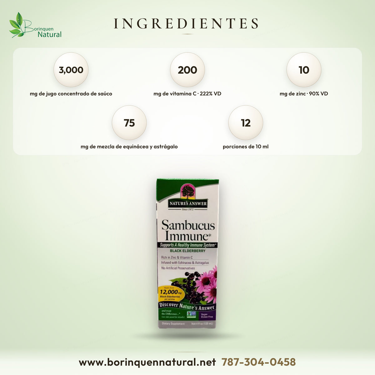 Ingredientes del Sambucus Immune de Nature's Answer: 3,000 mg de jugo concentrado de saúco negro de 12,000 mg de bayas, 200 mg de vitamina C y 10 mg de zinc por porción