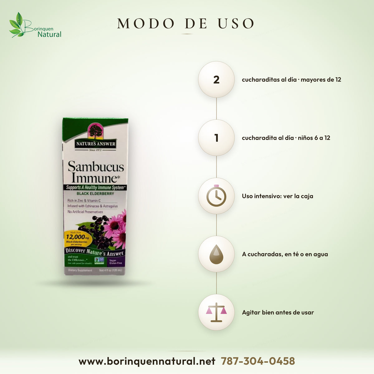 Modo de uso del Sambucus Immune de Nature's Answer: mayores de 12 años, 2 cucharaditas al día; niños de 6 a 12 años, 1 cucharadita al día