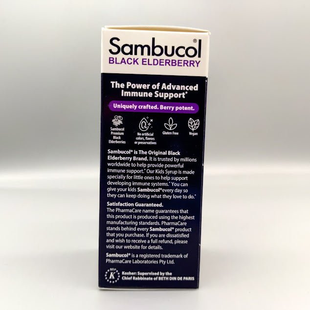 Sambucol Kids jarabe de saúco negro 4 oz con vitamina C — vista posterior del envase