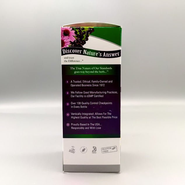 Sambucus Immune - Black Elderberry Extract - 12000 mg - 4oz de Nature's Answer — vista lateral del envase (foto de archivo)