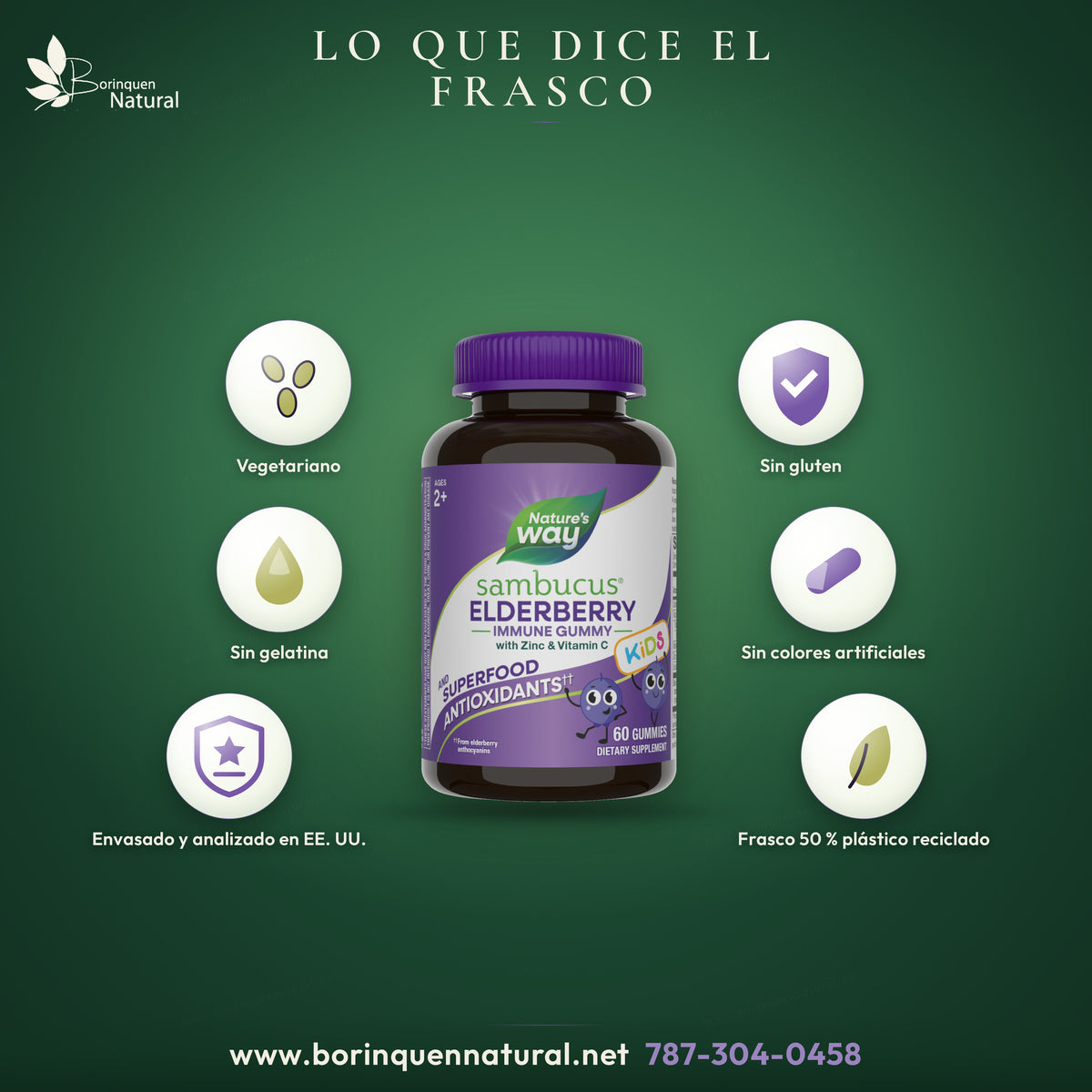 Sambucus Kids de Nature's Way: vegetariano, sin gluten, sin gelatina ni colores artificiales, envasado y analizado en EE. UU., frasco con 50 % de plástico reciclado