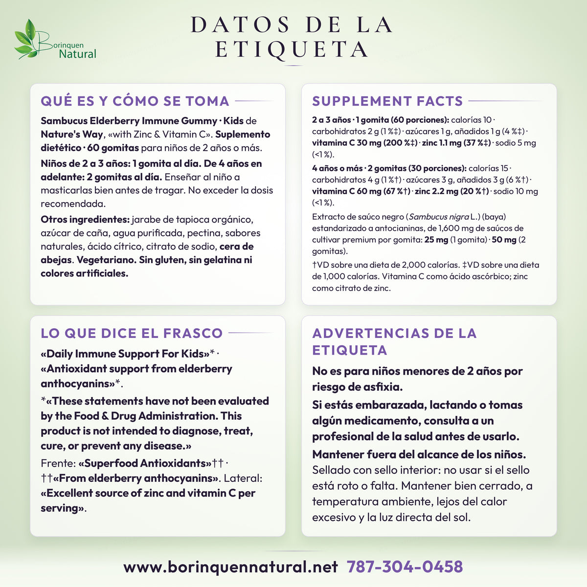 Datos de la etiqueta de Sambucus Elderberry Gummy Kids de Nature's Way: modo de uso por edad, Supplement Facts, otros ingredientes, lo que dice el frasco y advertencias