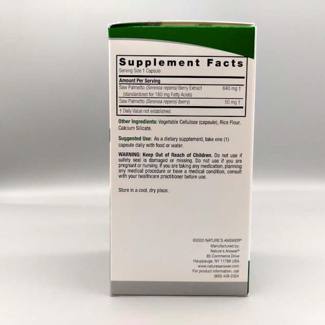 Saw Palmetto Estandarizado 690 mg Nature's Answer, 120 Cáps Veganas — presentación