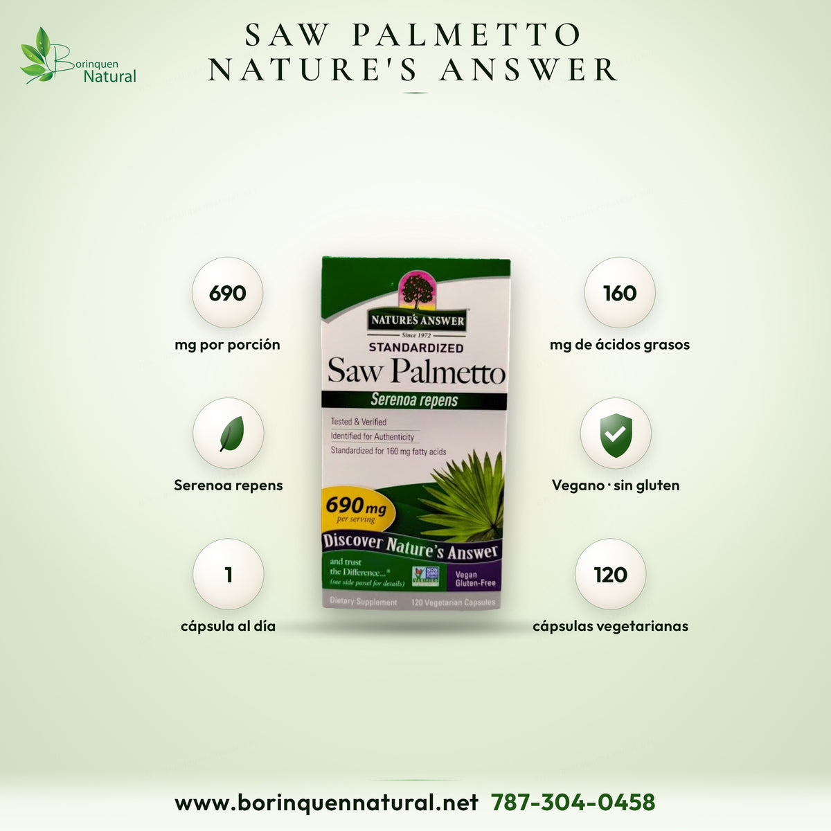 Saw Palmetto Estandarizado 690 mg Nature's Answer, 120 Cáps Veganas