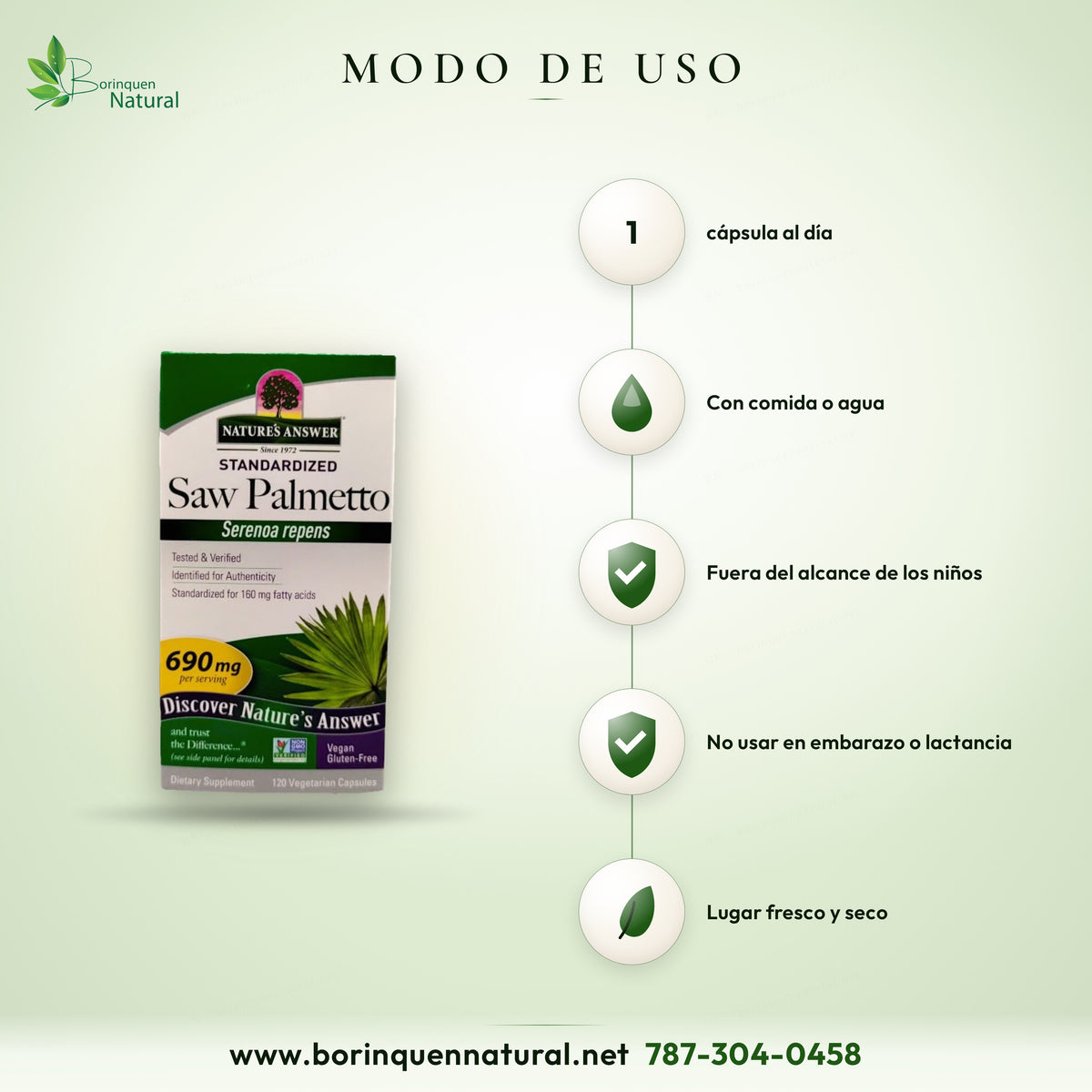 Saw Palmetto Estandarizado 690 mg Nature's Answer, 120 Cáps Veganas — etiqueta con los ingredientes