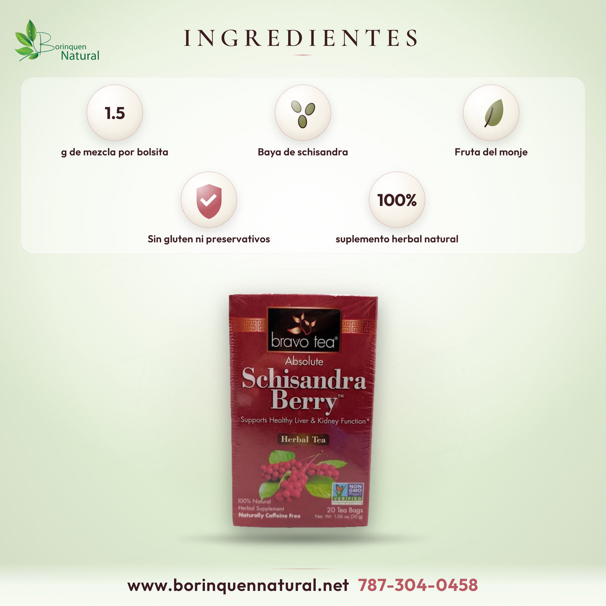 Ingredientes del té de schisandra Bravo Tea: mezcla de 1,5 g de baya de schisandra y fruta del monje por bolsita