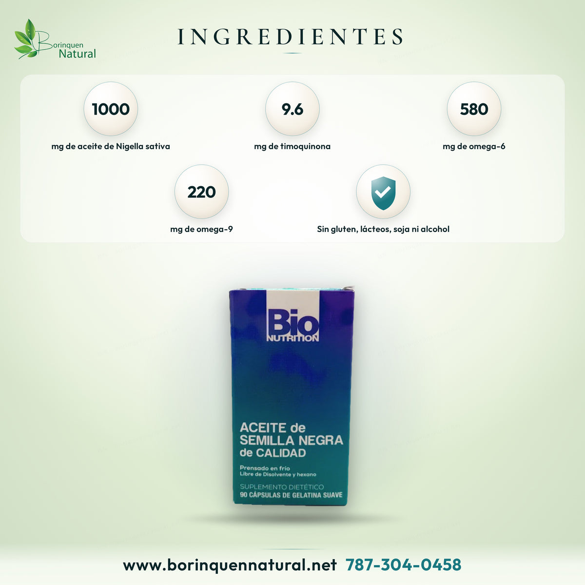 Ingredientes del aceite de semilla negra Bio Nutrition: 1,000 mg de Nigella sativa con timoquinona y omega 3, 6 y 9