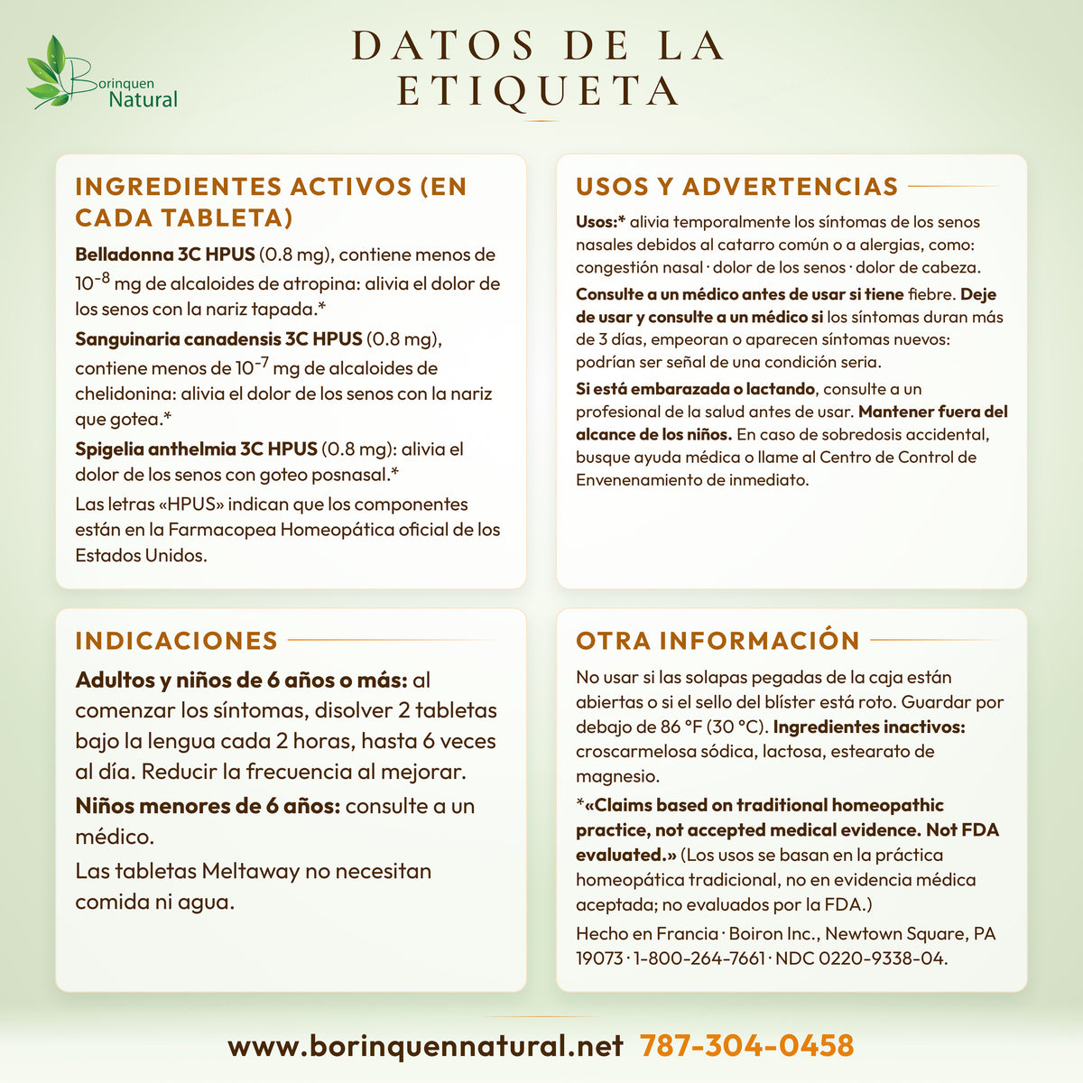 Datos de la etiqueta de SinusCalm de Boiron: ingredientes activos, usos, advertencias e indicaciones
