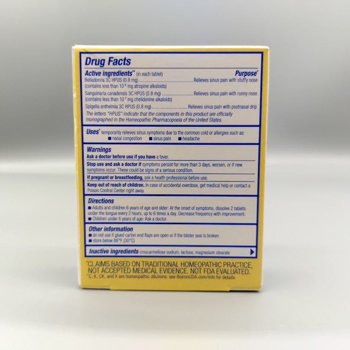 SinusCalm - Sinusalia - Sinus Relief - 60 Tablets en Puerto Rico de Boiron — etiqueta del producto (foto de archivo)