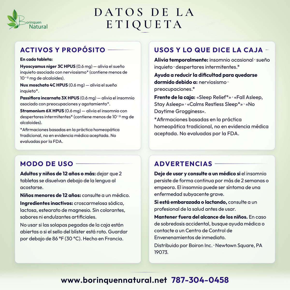 Datos de la etiqueta de SleepCalm Boiron: ingredientes activos y su propósito, usos, modo de uso y advertencias, con el aviso homeopático impreso