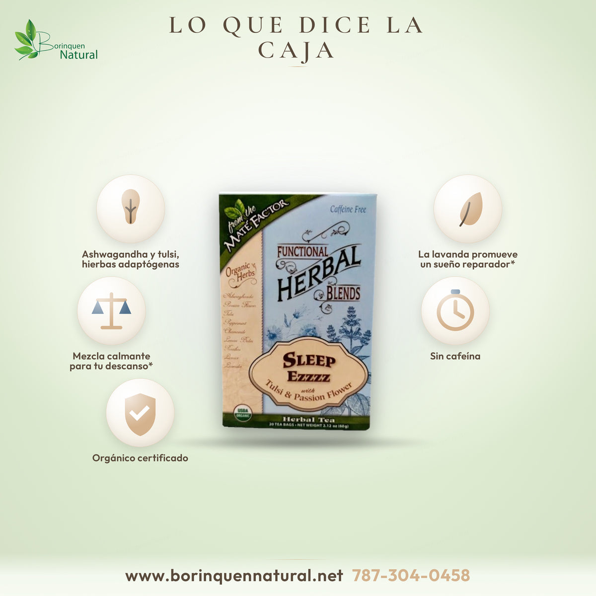 Lo que dice la caja del té Sleep Ezzzz: mezcla para dormir con ashwagandha, tulsi, lavanda, toronjil y manzanilla