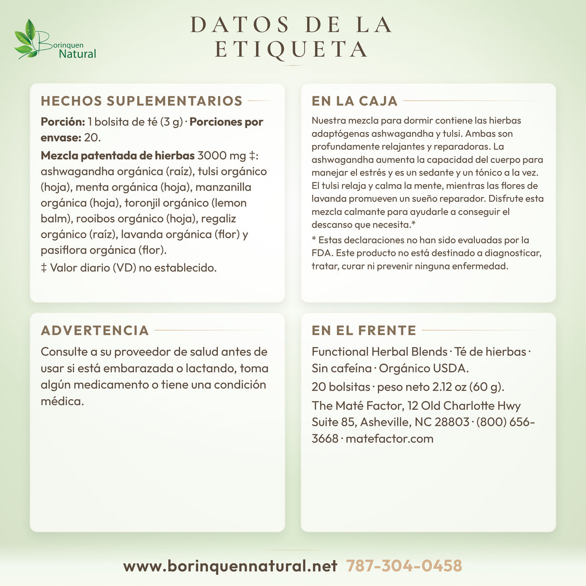 Datos de la etiqueta del té Sleep Ezzzz: hechos suplementarios, texto de la caja y advertencia
