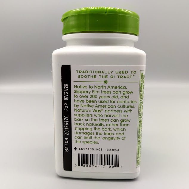 Slippery Elm Bark Nature's Way 400 mg, frasco de 100 cápsulas veganas — vista posterior del envase