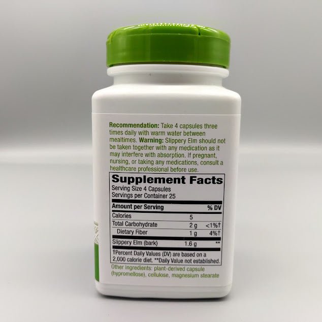 Slippery Elm Bark Nature's Way 400 mg, frasco de 100 cápsulas veganas — etiqueta con los ingredientes