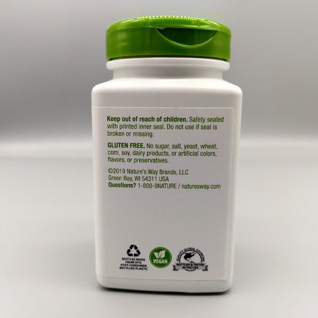 Slippery Elm Bark Nature's Way 400 mg, frasco de 100 cápsulas veganas — vista lateral