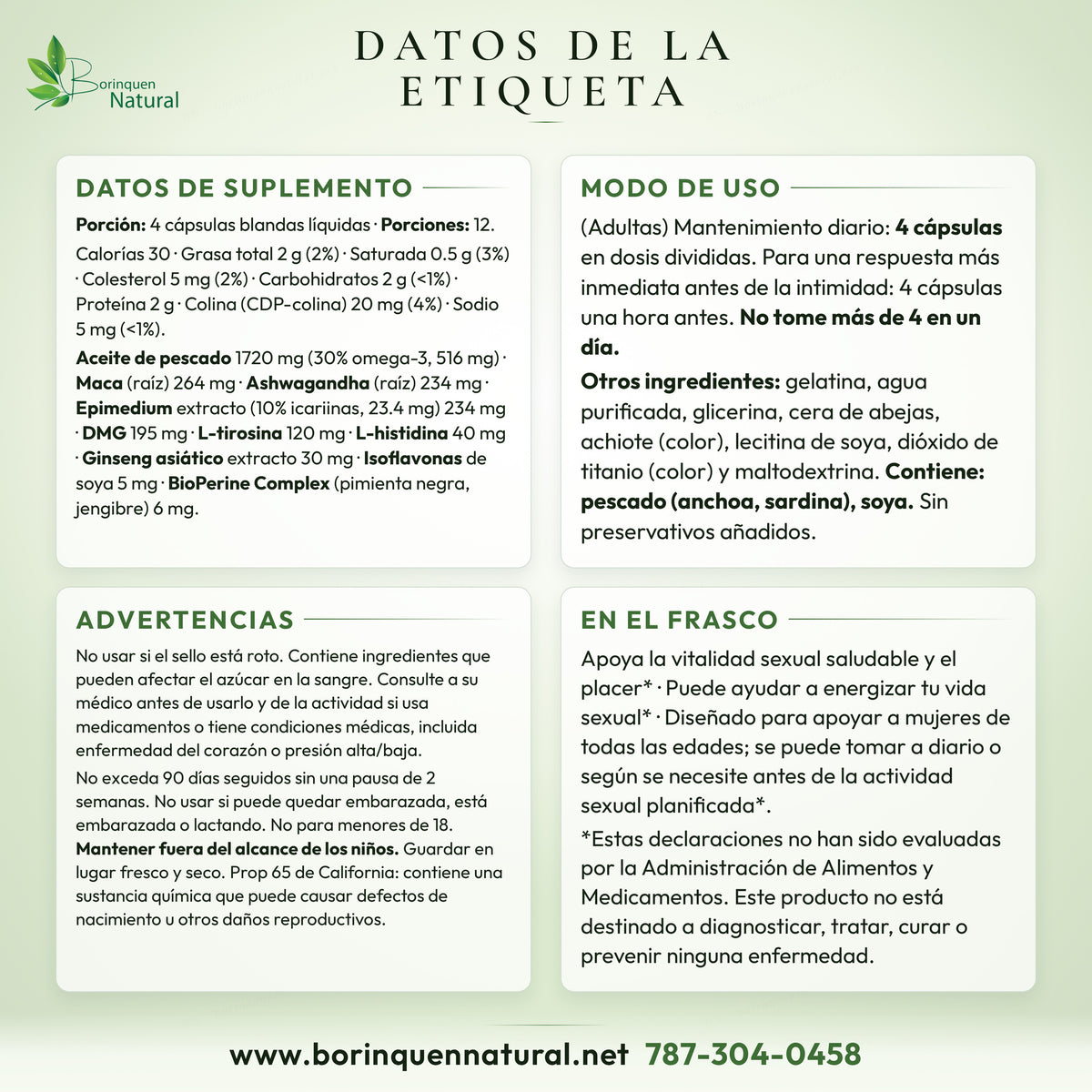 Datos de la etiqueta del Steel-Libido for Women: datos de suplemento, modo de uso, otros ingredientes y advertencias del frasco