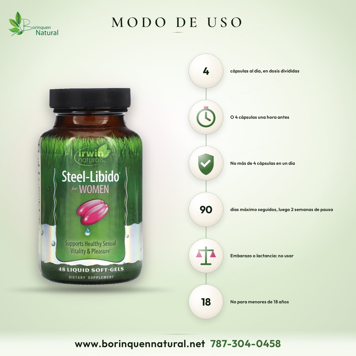 Modo de uso del Steel-Libido for Women: adultas, 4 cápsulas blandas al día en dosis divididas, o 4 una hora antes