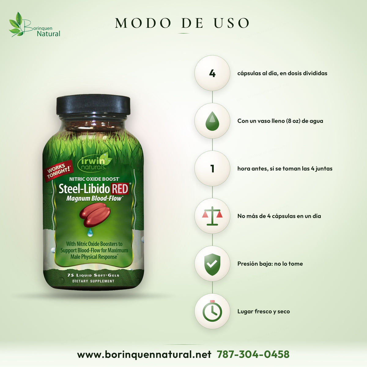Modo de uso de Steel-Libido RED: adultos, 4 cápsulas blandas al día en dosis divididas con un vaso lleno de agua; no más de 4 en un día