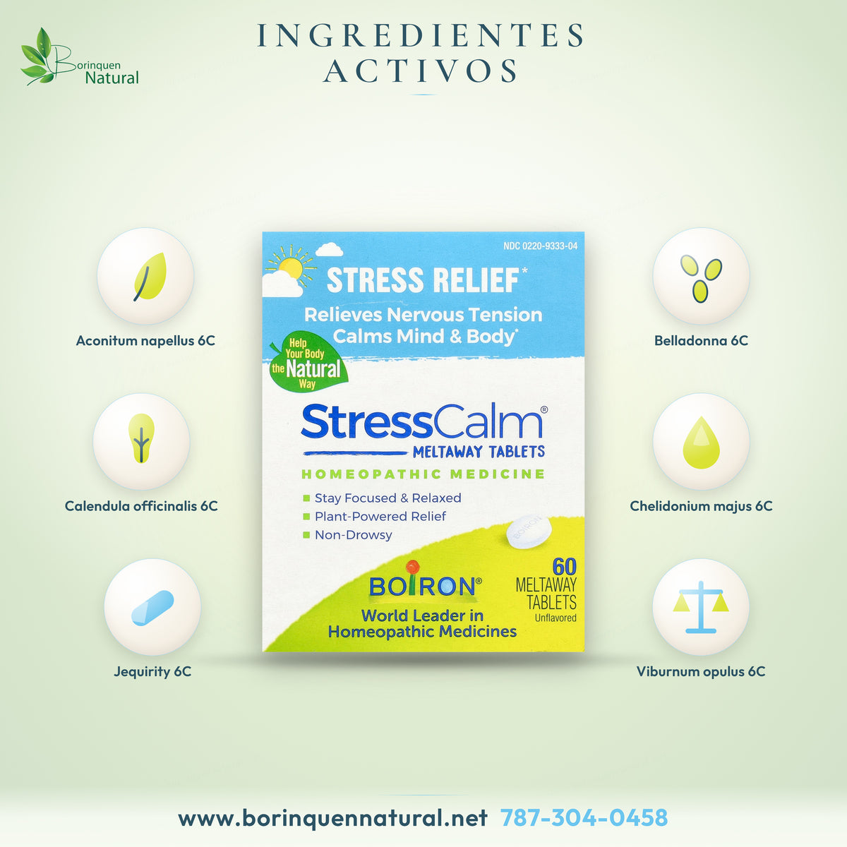 StressCalm active ingredients: Aconitum, Belladonna, Calendula, Chelidonium, Jequirity and Viburnum