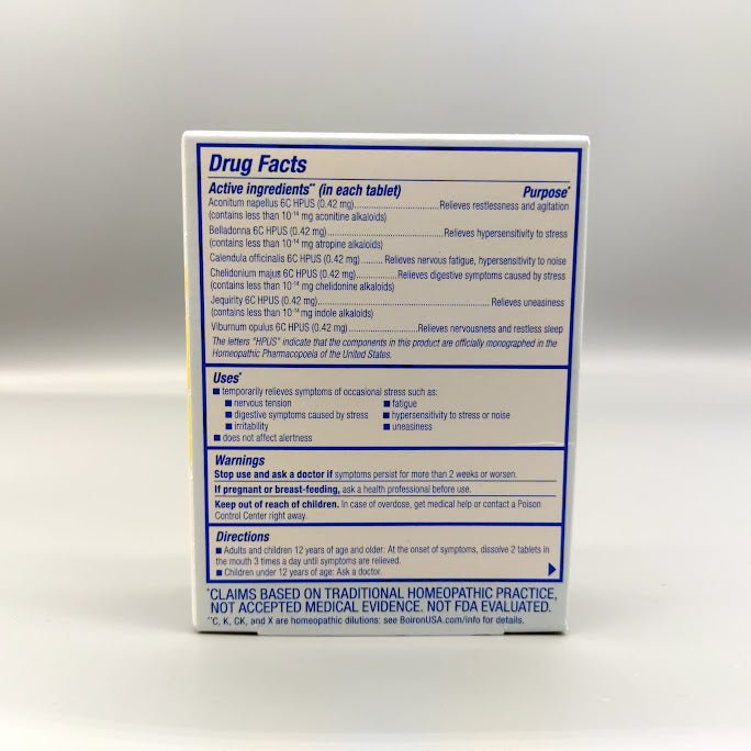 StressCalm Boiron 60 tabletas meltaway para tensión nerviosa — etiqueta con los ingredientes