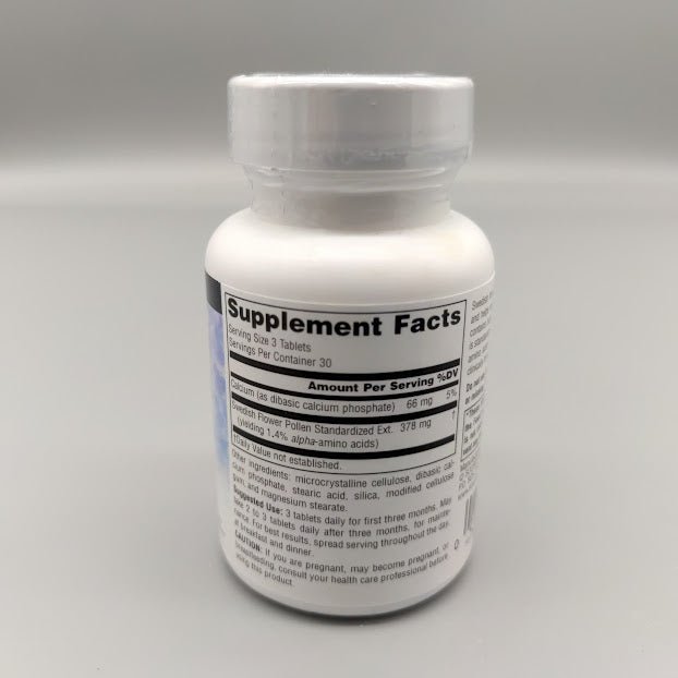 Frasco de polen de flores sueco Source Naturals con 90 tabletas para la próstata — etiqueta con los (foto de archivo)