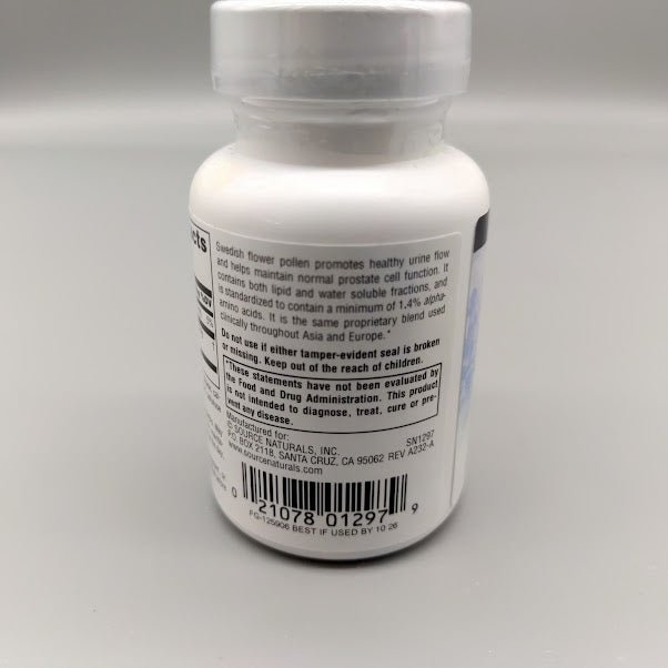 Frasco de polen de flores sueco Source Naturals con 90 tabletas para la próstata — vista posterior del (foto de archivo)