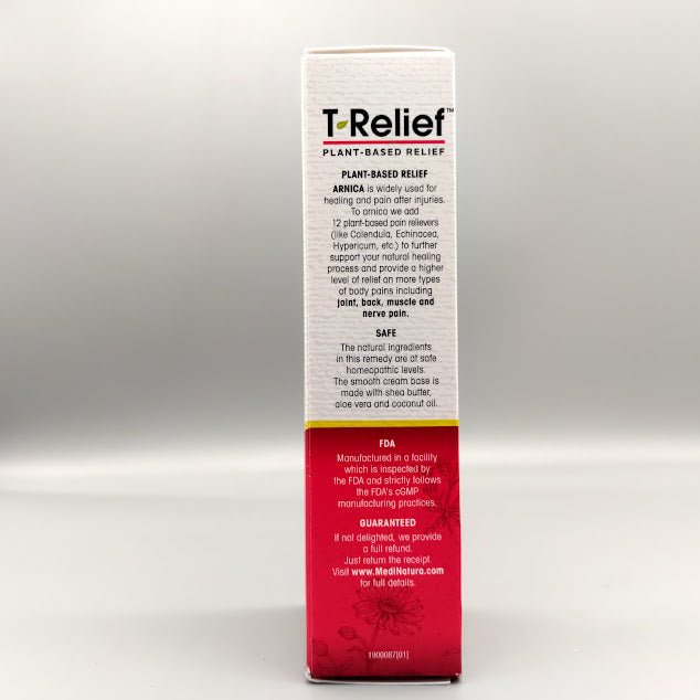 Crema T-Relief Extra Strength MediNatura árnica +12 para dolor muscular 3 oz — vista lateral (foto de archivo)
