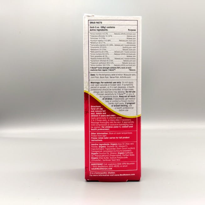 Crema T-Relief Extra Strength MediNatura árnica +12 para dolor muscular 3 oz — etiqueta con los ingredientes