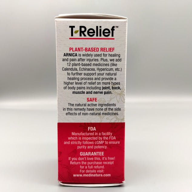 T-Relief 100 Tabletas Homeopático para el Dolor Muscular — vista lateral
