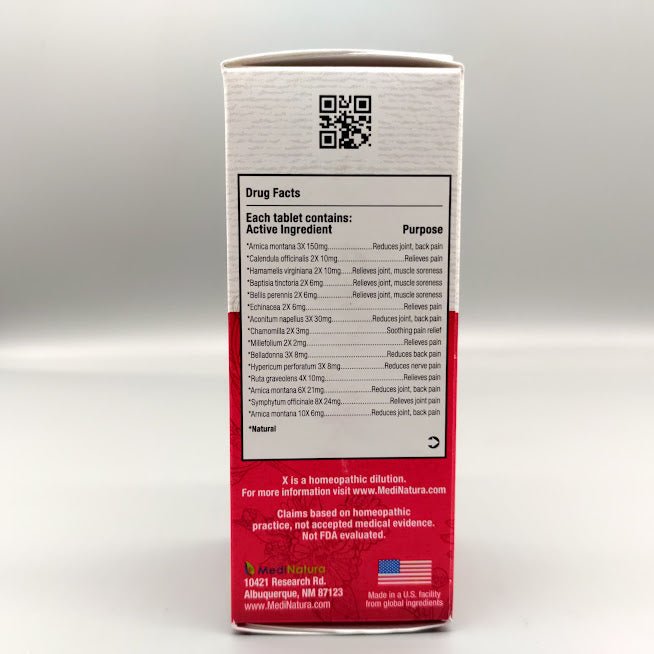 T-Relief 100 Tabletas Homeopático para el Dolor Muscular — etiqueta con los ingredientes