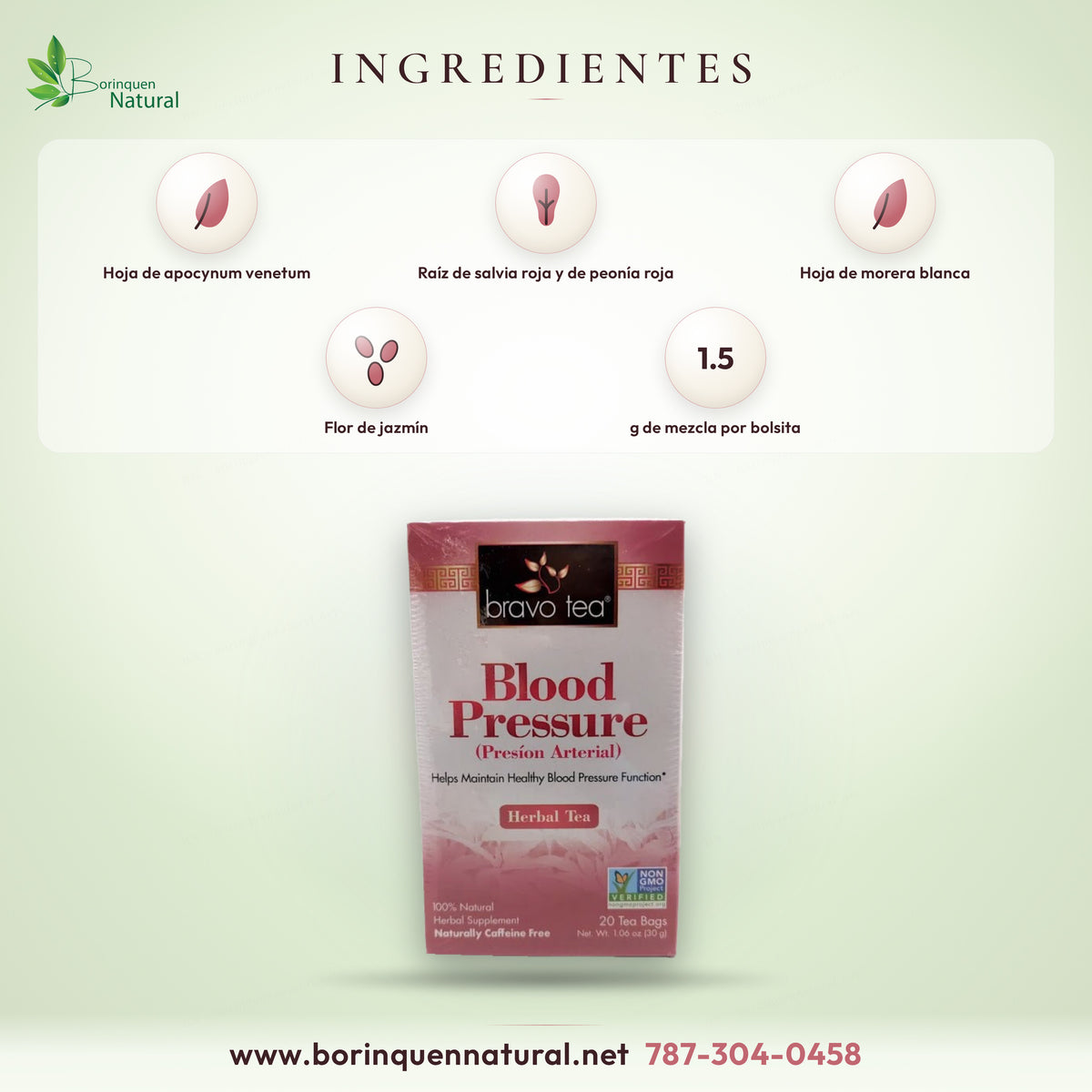 Ingredientes del té Blood Pressure de Bravo Tea: hoja de apocynum venetum, raíz de sello de Salomón, tallo de gambir, raíz de peonía roja, hoja de morera blanca, raíz de escrofularia, raíz de salvia roja y flor de jazmín