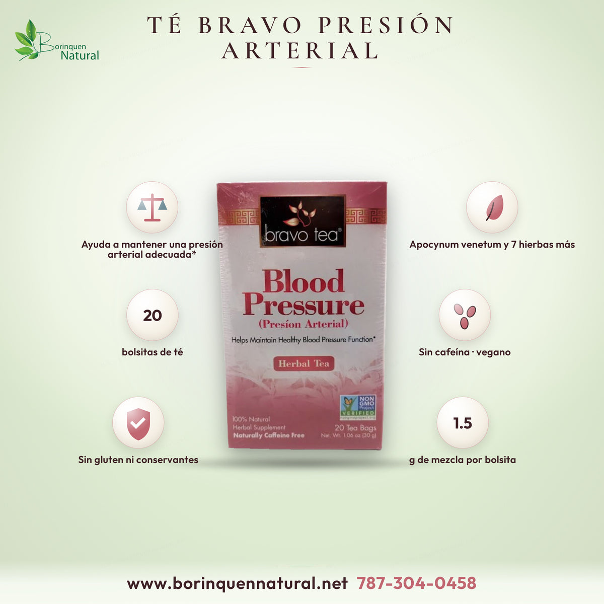 Té herbal Blood Pressure (Presión Arterial) de Bravo Tea, mezcla de hierbas con apocynum venetum y jazmín, caja de 20 bolsitas sin cafeína