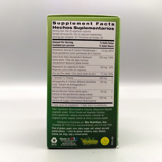 Thyroid Wellness 626 mg. - 60 Vegetarian Capsules de Bio Nutrition — vista posterior del envase