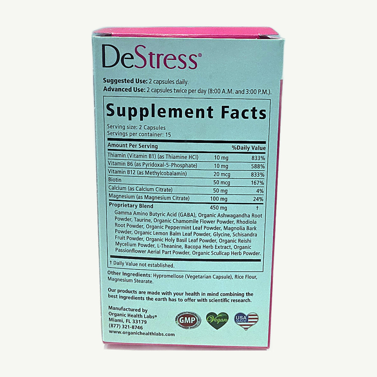 DeStress de Organic Health Labs: foto real del envase tomada en la tienda Borinquen Natural (3 de 5)