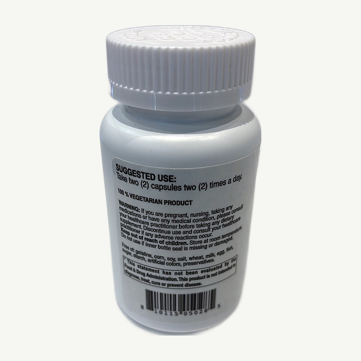 Costado de Detoxiplex: Suggested Use, two (2) capsules two (2) times a day, WARNING y código de barras