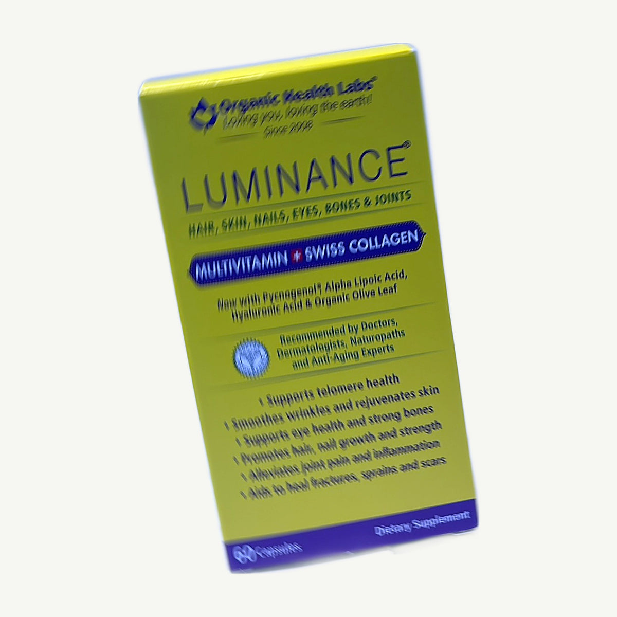 Frente de la caja de Luminance: Multivitamin + Swiss Collagen para cabello, piel, uñas, ojos, huesos y articulaciones