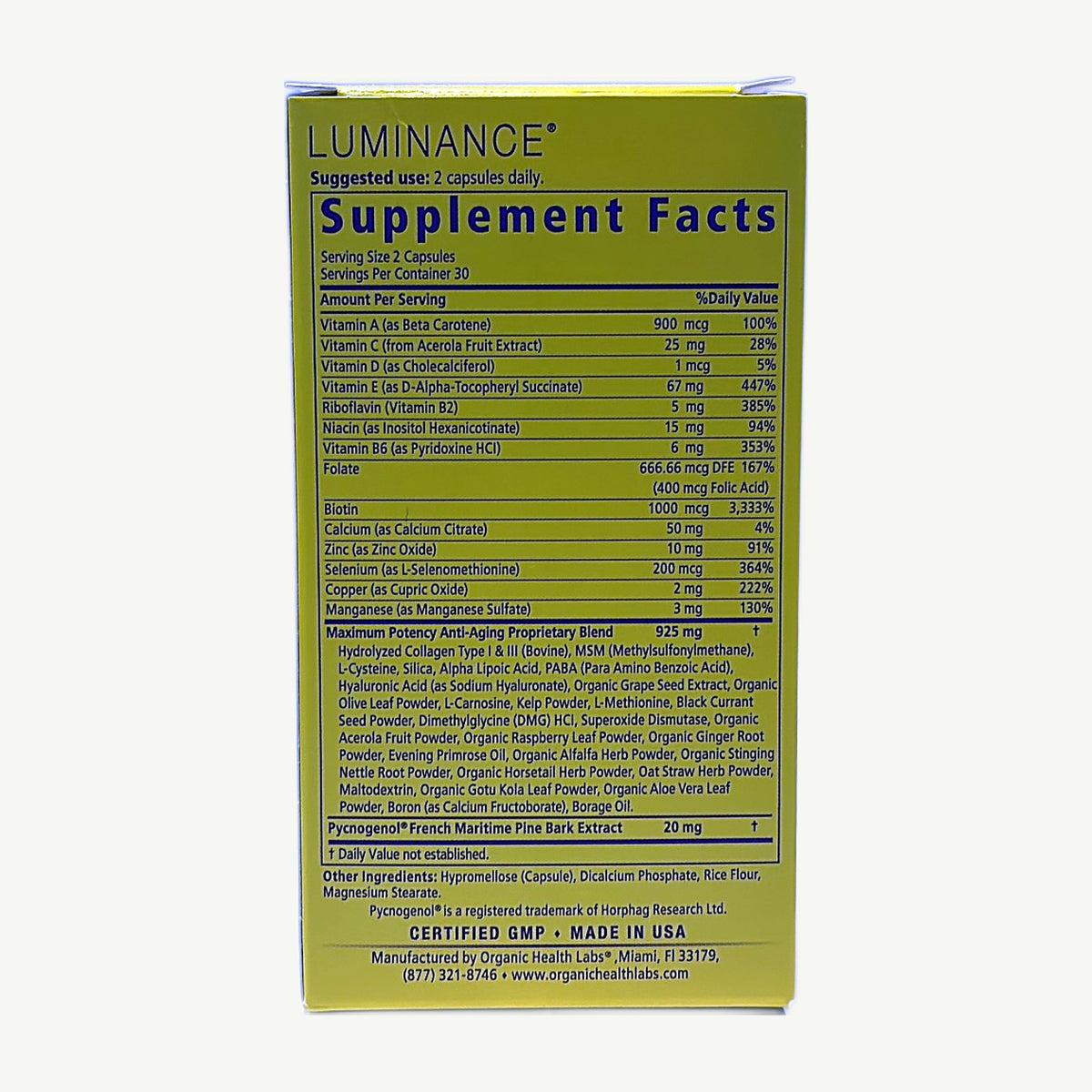 Supplement Facts de Luminance: 2 cápsulas al día, vitaminas, minerales, mezcla de 925 mg y Pycnogenol 20 mg
