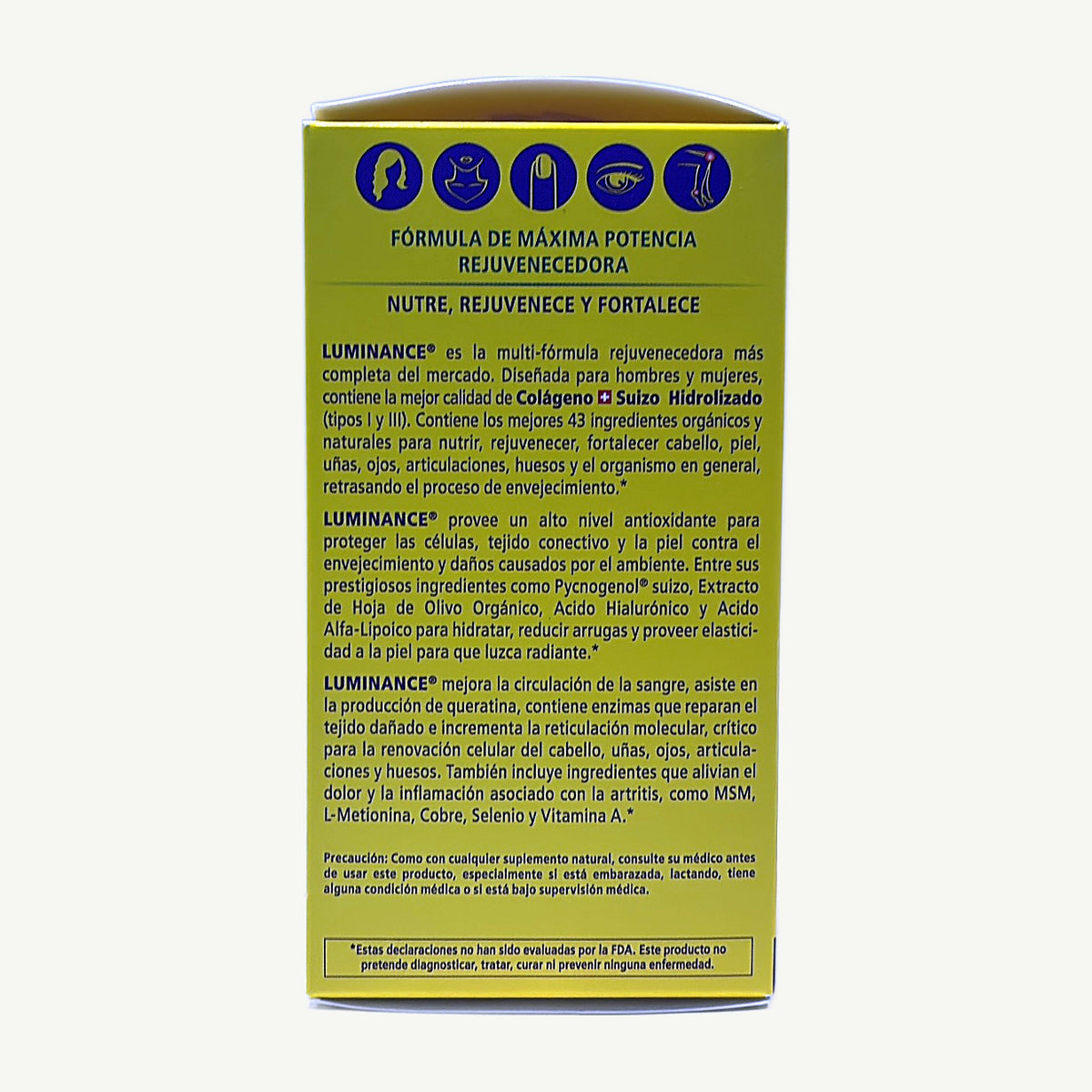 Costado en español de la caja de Luminance: nutre, rejuvenece y fortalece, y precaución de uso