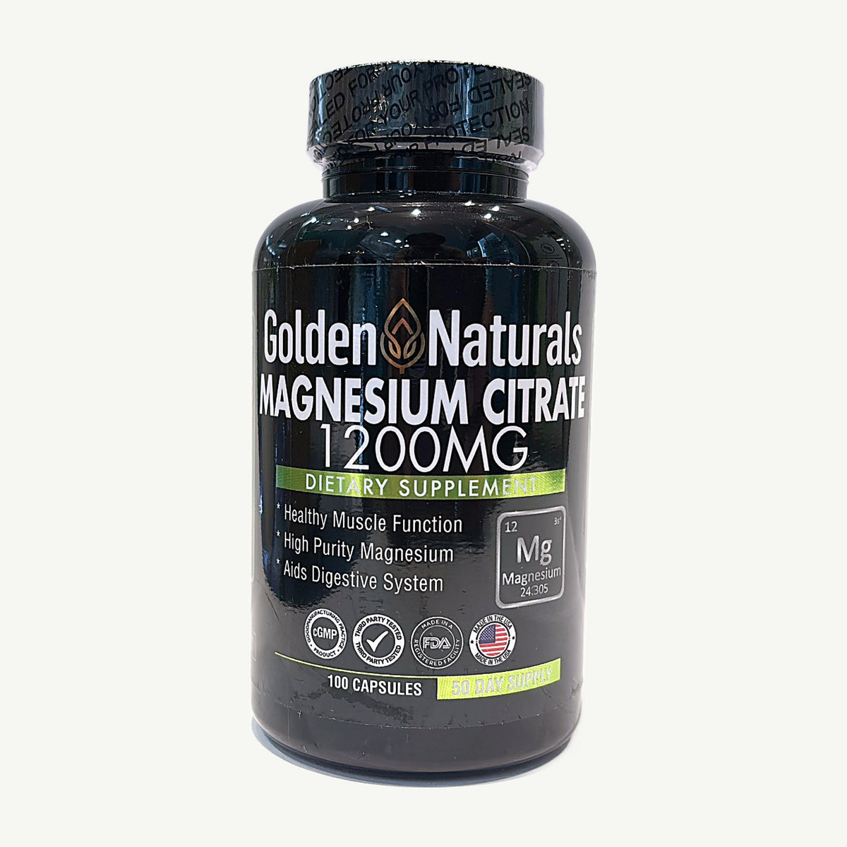 Magnesium Citrate 1200 mg Golden Naturals: foto real del frasco tomada en la tienda Borinquen Natural, frente