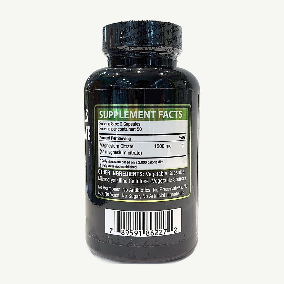 Magnesium Citrate 1200 mg Golden Naturals: foto real del frasco tomada en la tienda Borinquen Natural, tabla y código