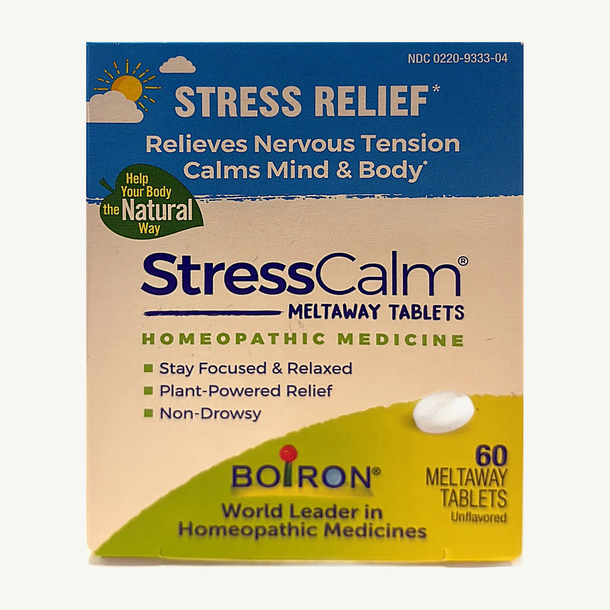 StressCalm Boiron box front: 60 unflavored meltaway tablets, Homeopathic Medicine
