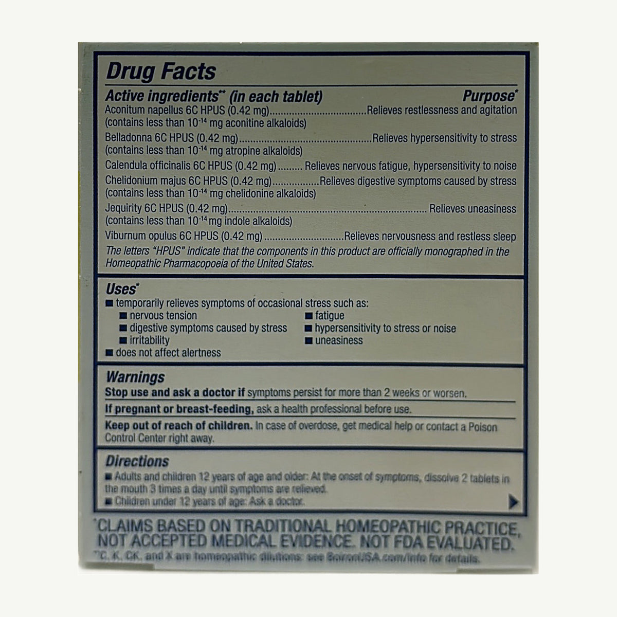 StressCalm Drug Facts: 6C HPUS active ingredients, uses, warnings and directions