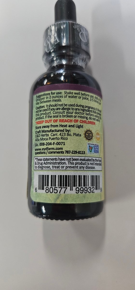 Modo de uso y avisos de la tintura de tomillo E&D Herbs: un gotero en 2 oz de agua, de 2 a 5 veces al día