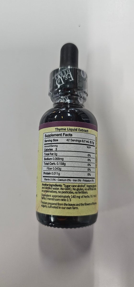 Datos de la etiqueta de la tintura de tomillo E&D Herbs: 0.7 ml por porción, 42 porciones