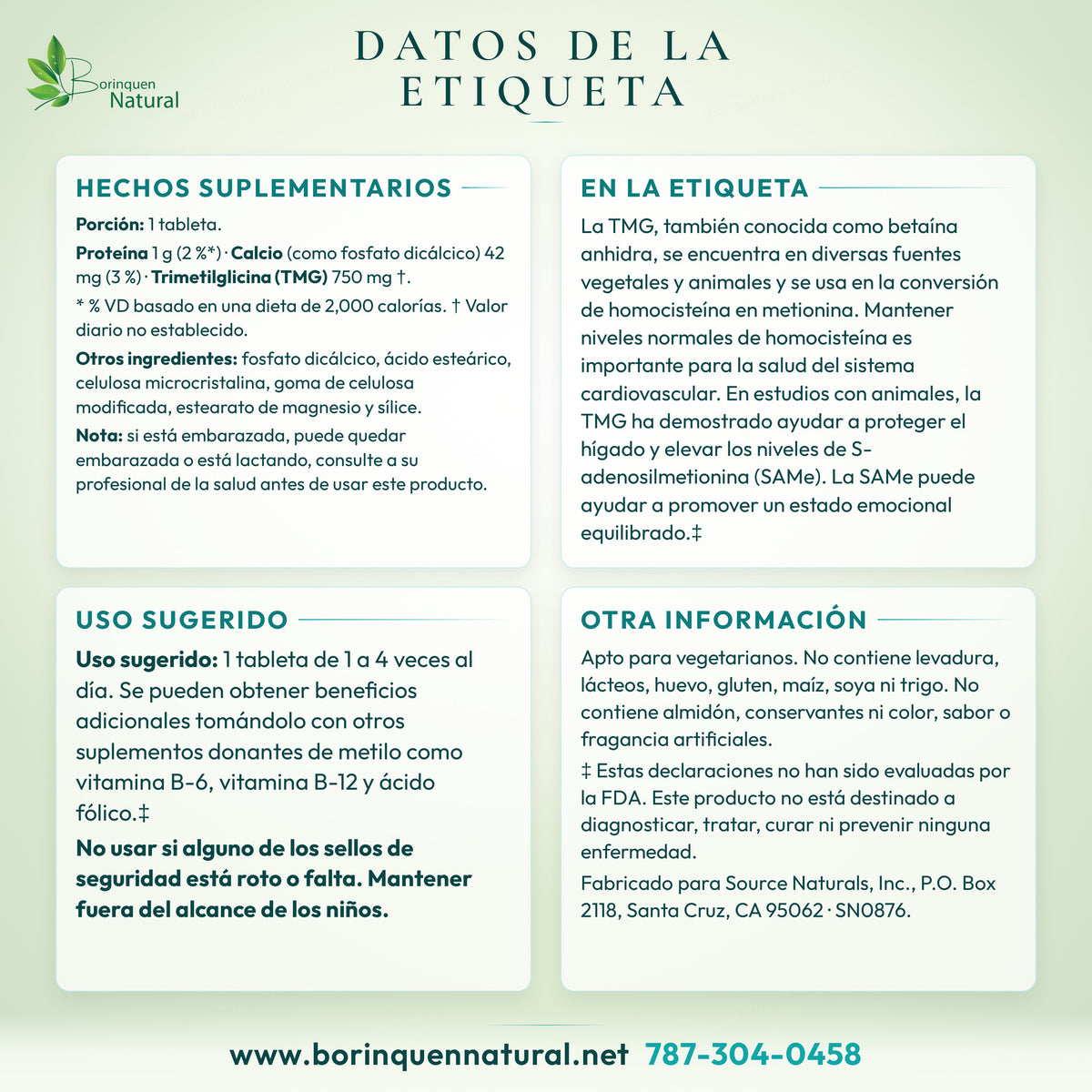 Datos de la etiqueta del TMG 750 mg de Source Naturals: hechos suplementarios, otros ingredientes, uso y advertencias