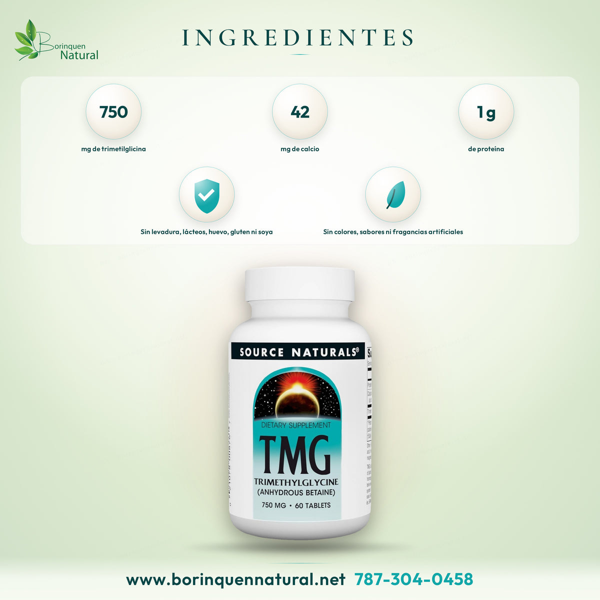 Ingredientes del TMG de Source Naturals: trimetilglicina 750 mg, calcio 42 mg y 1 g de proteína por tableta