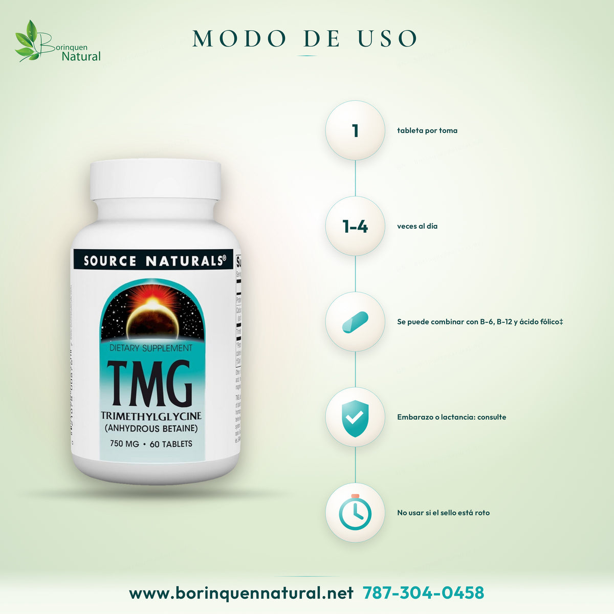 Modo de uso del TMG de Source Naturals: 1 tableta de 1 a 4 veces al día, con B-6, B-12 y ácido fólico si se desea