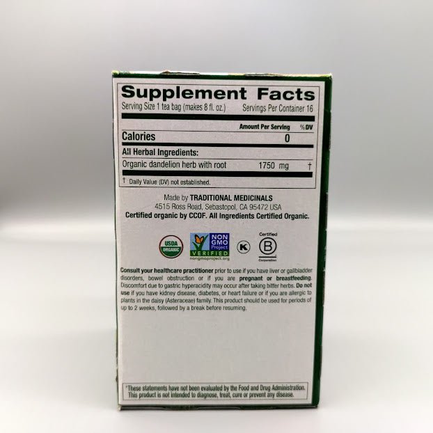 Traditional Medicinals Dandelion Leaf and Root - 16 Bags — etiqueta con los ingredientes