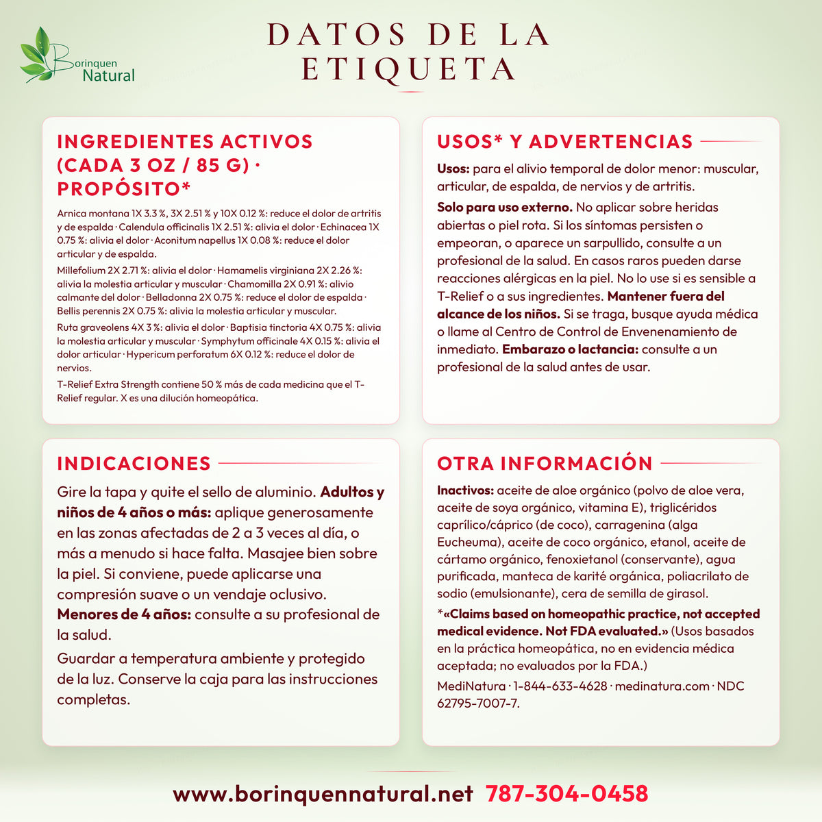 Datos de la etiqueta de la crema T-Relief Extra Strength: ingredientes activos, usos, advertencias e indicaciones